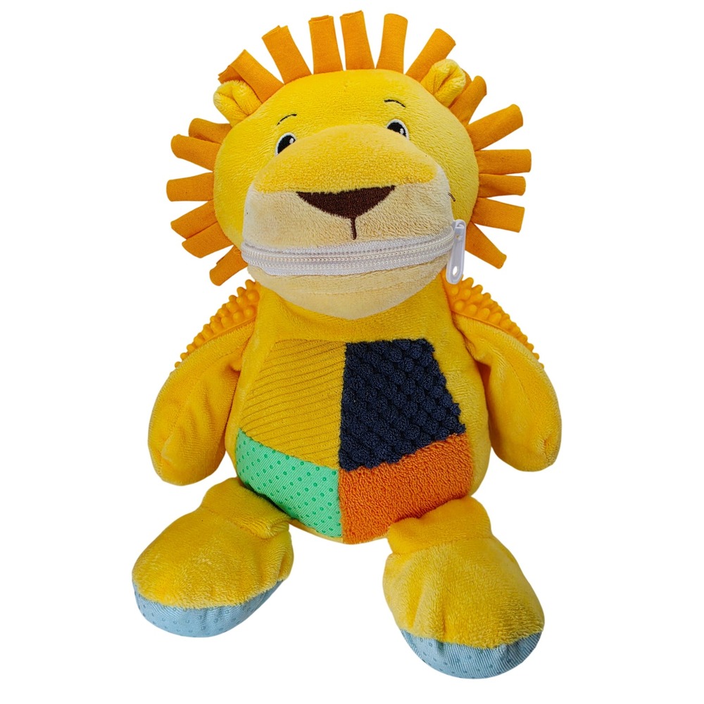Animal Adventure Lion Plush Zipper Mouth Sensory Toy Yellow Patchwork 10 inch